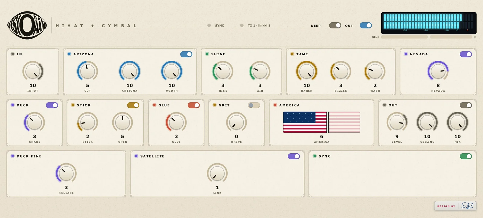 Visioääni Hihat + Cymbal plugin window in DEEP view with the fine controls