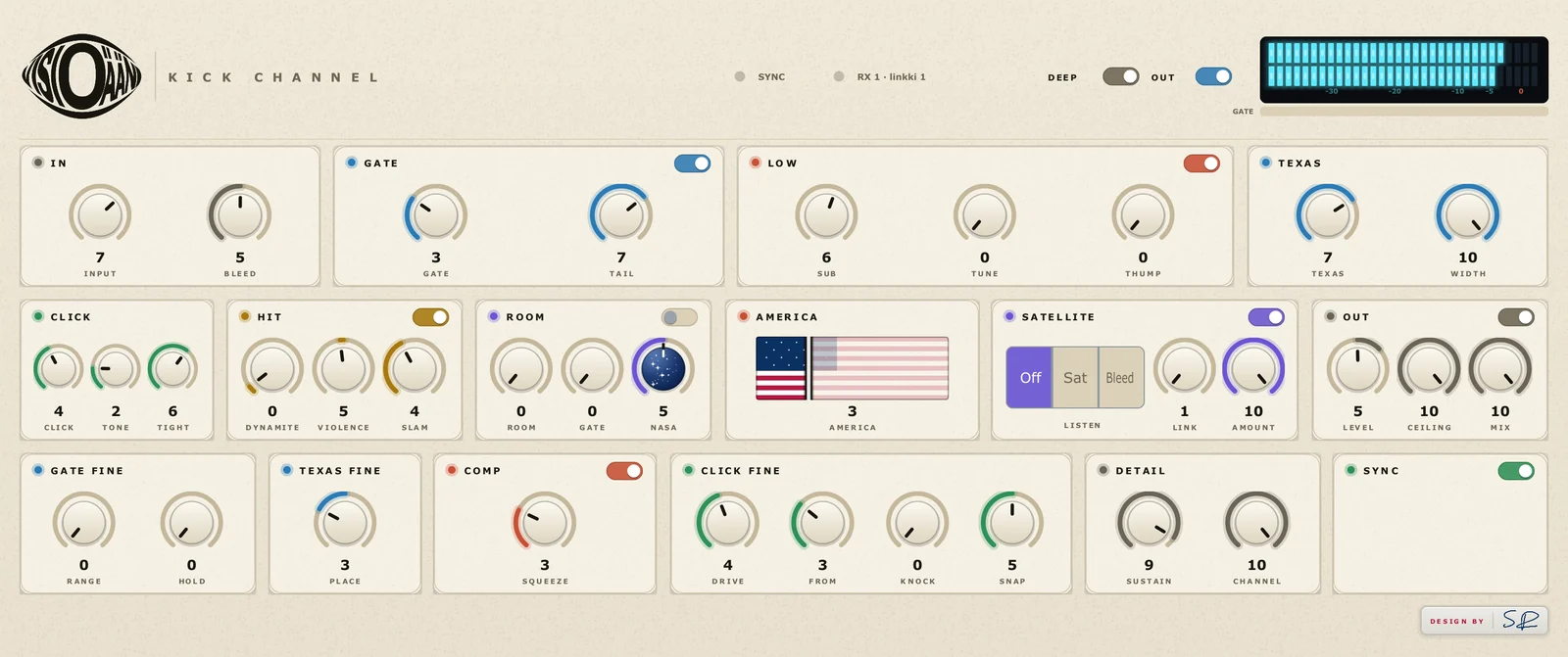 Visioääni Kick plugin window in DEEP view with the fine controls