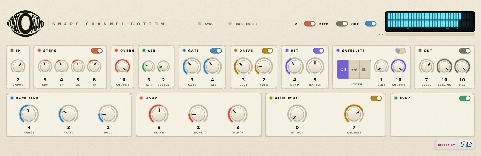 Visioääni Snare Bottom plugin window in DEEP view with the fine controls