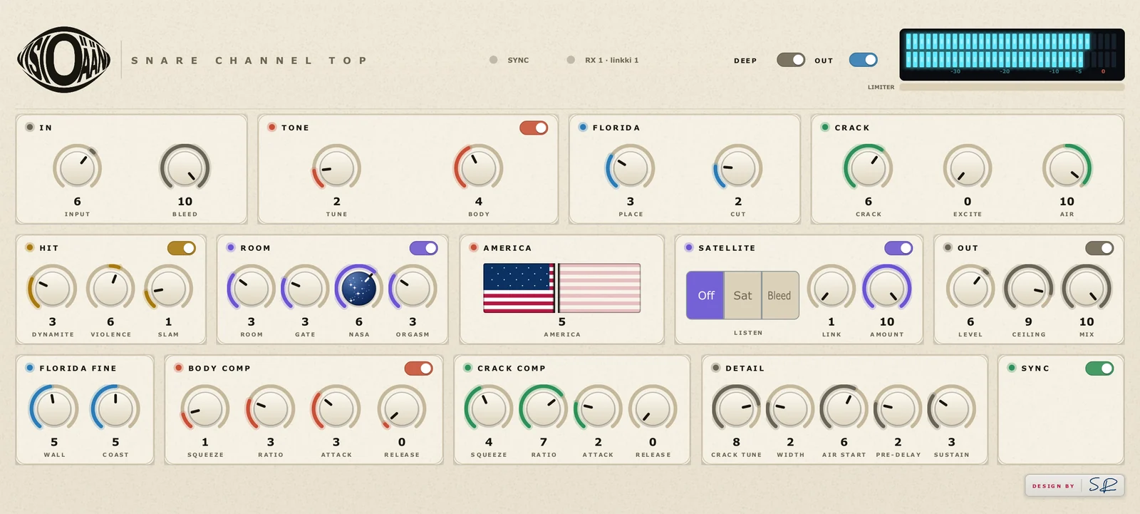 Visioääni Snare plugin window in DEEP view with the fine controls