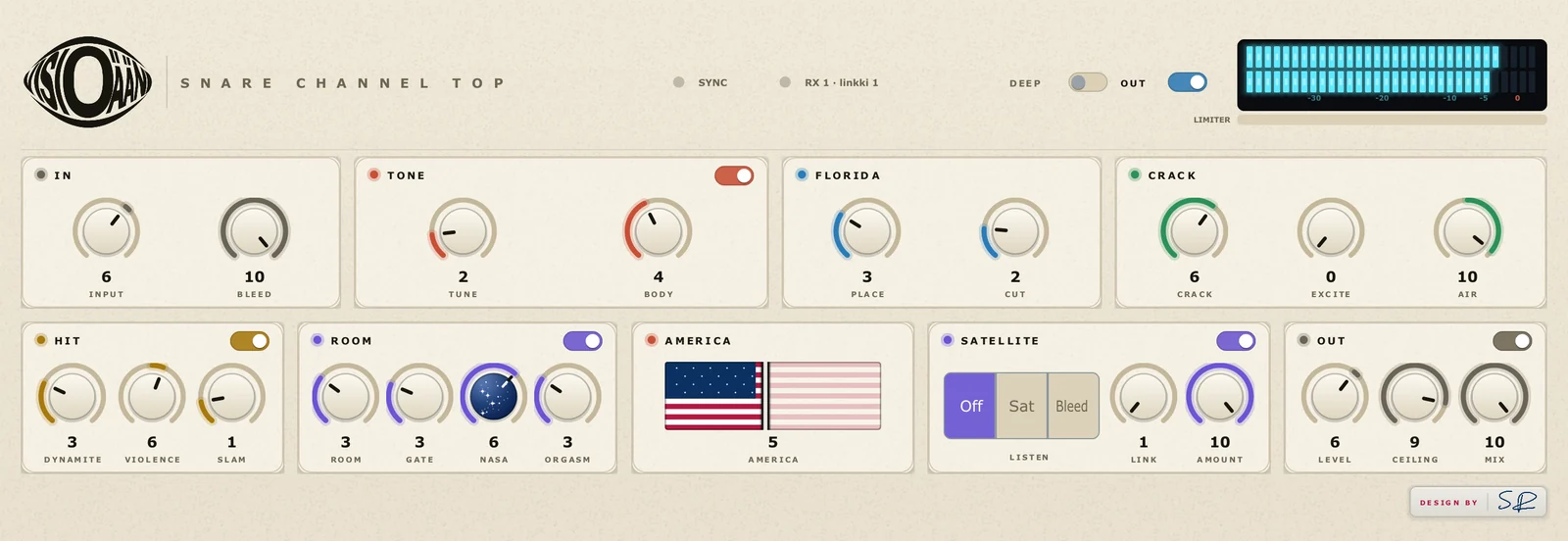 Visioääni Snare plugin window, version 1.4.0, default settings